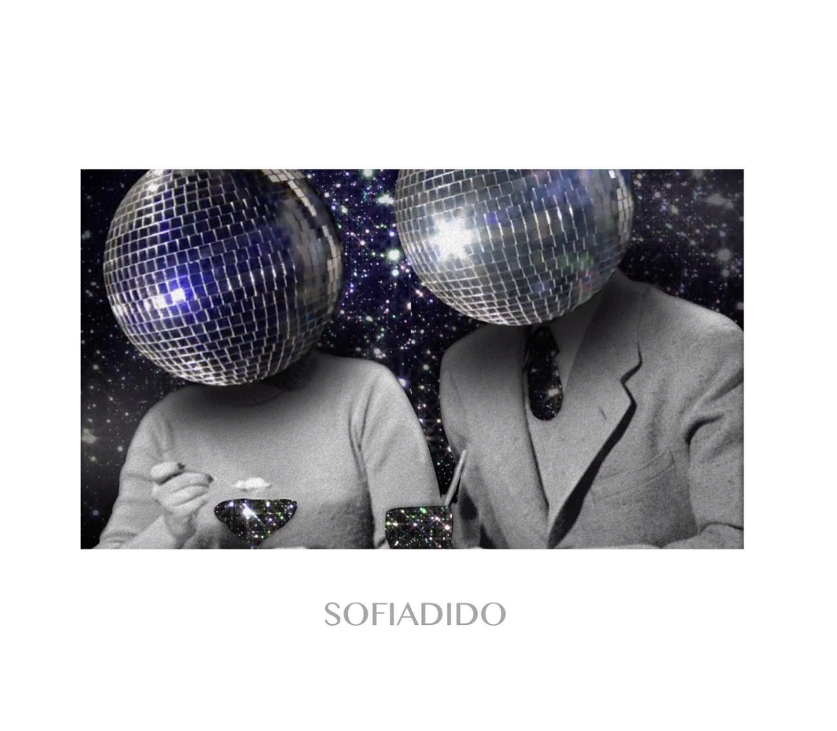 Surreal collage of a couple with disco-ball heads